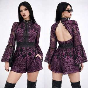 Adelyn Rae Black Purple Lace Lena Romper Sz L Y2K Club Whimsigoth Dark Romance